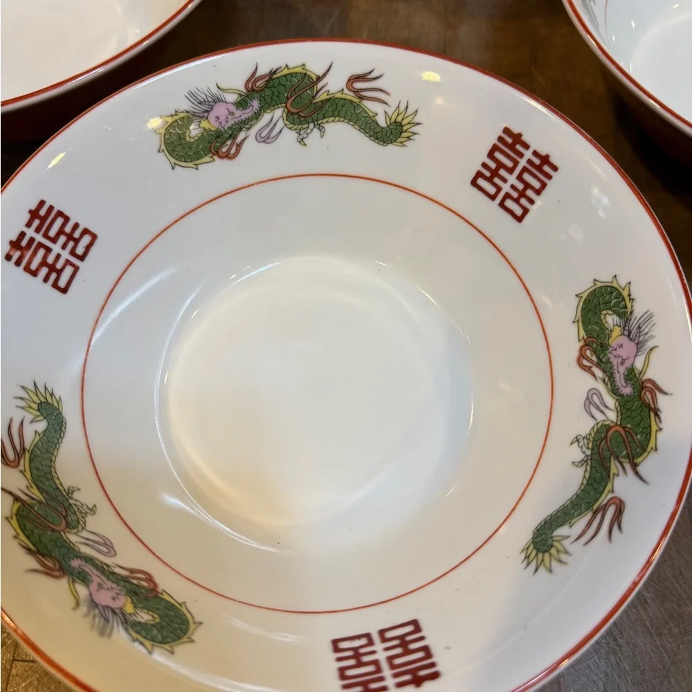 Vintage Chinese Ceramic Ramen Soup Bowls Hand Painted Dragon Dishes Japan